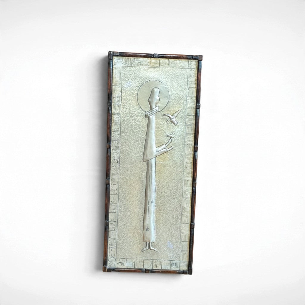 Vintage Kroll framed mid century modern religious folk metal art, signed and dated 1976, silver figure with birds in wood frame, 24.25 x 10.25 x .75 inches