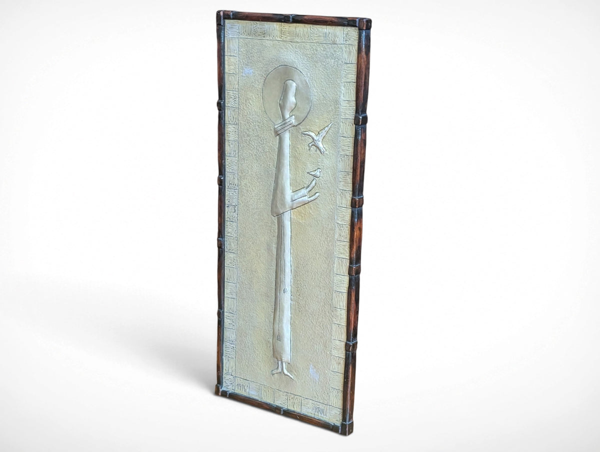 Vintage Kroll framed mid century modern religious folk metal art, signed and dated 1976, silver figure with birds in wood frame, 24.25 x 10.25 x .75 inches
