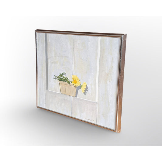 Marc C Schoettle 1976 signed still life oil painting featuring potted flowers in vintage framed artwork