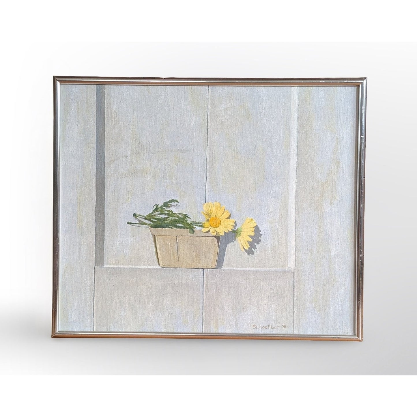 Marc C Schoettle 1976 signed still life oil painting featuring potted flowers in vintage framed artwork