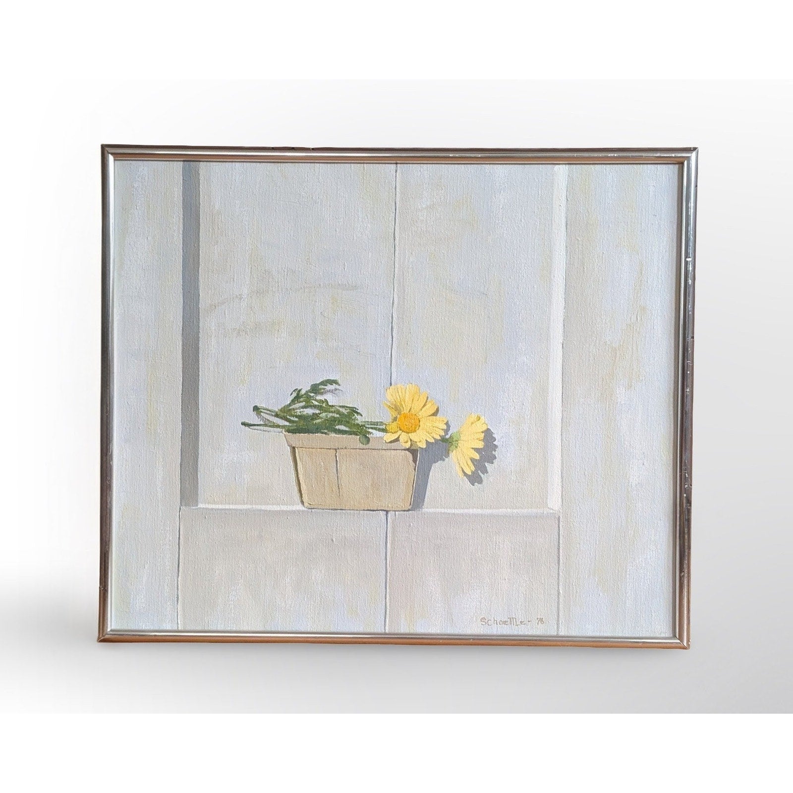 Marc C Schoettle 1976 signed still life oil painting featuring potted flowers in vintage framed artwork