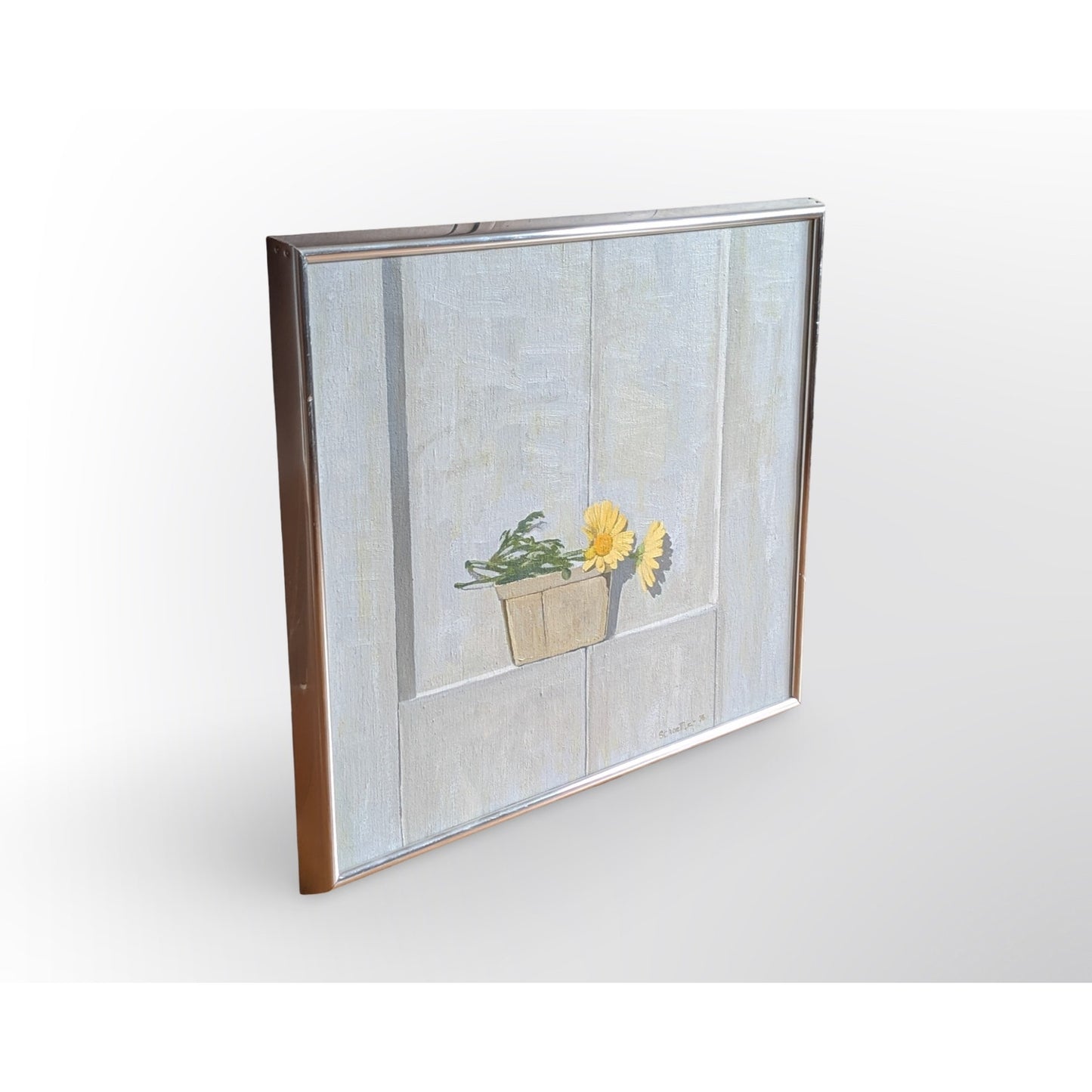 Marc C Schoettle 1976 signed still life oil painting featuring potted flowers in vintage framed artwork
