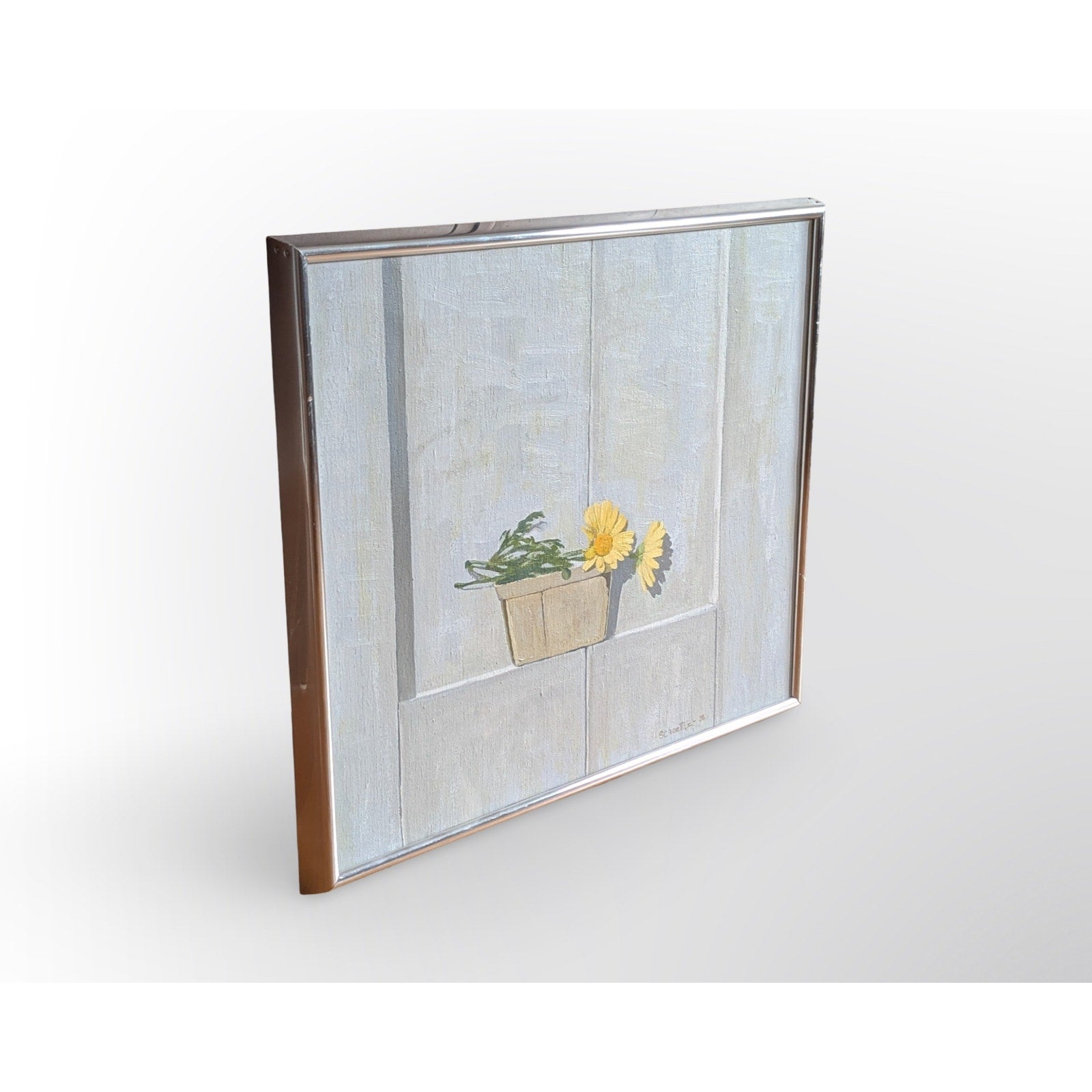 Marc C Schoettle 1976 signed still life oil painting featuring potted flowers in vintage framed artwork