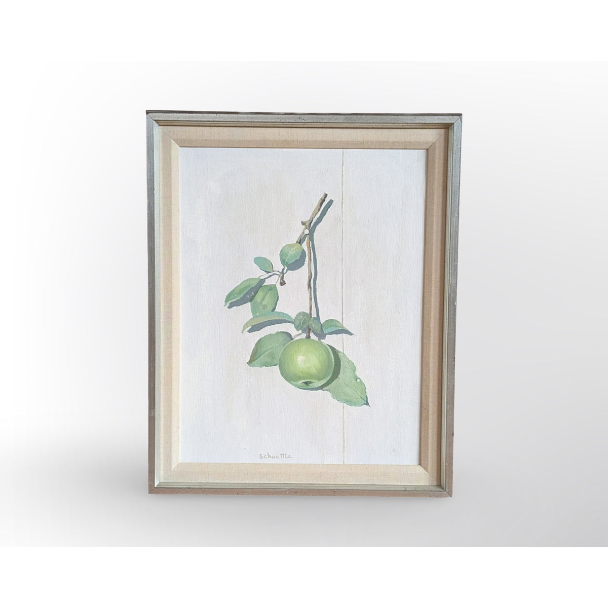 Signed Marc C Schoettle still life apples oil painting in vintage mid century modern framed artwork