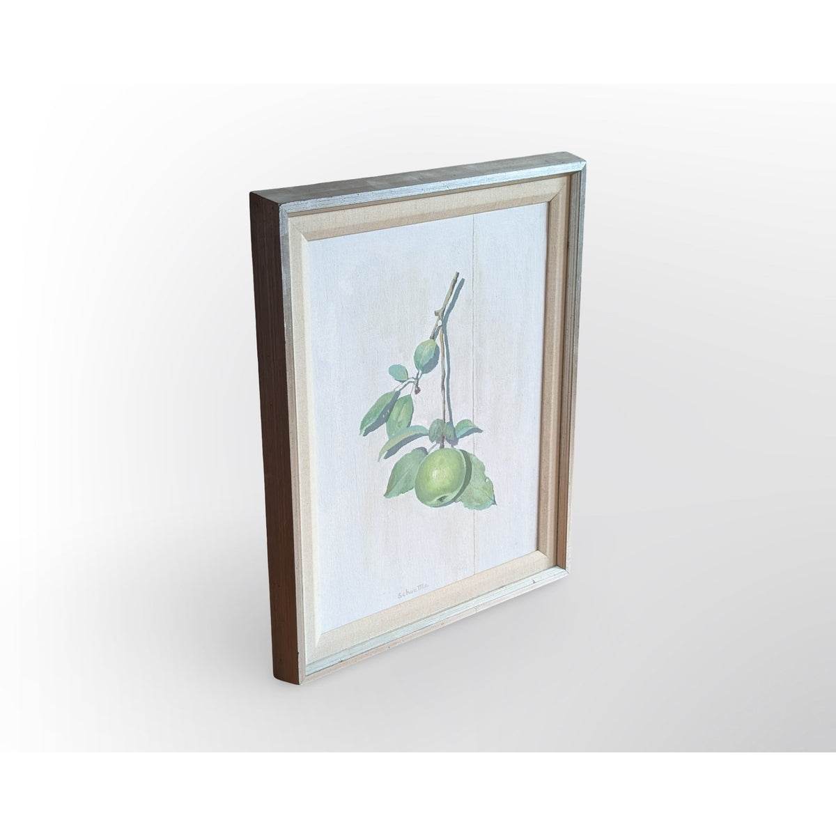 Signed Marc C Schoettle still life apples oil painting in vintage mid century modern framed artwork