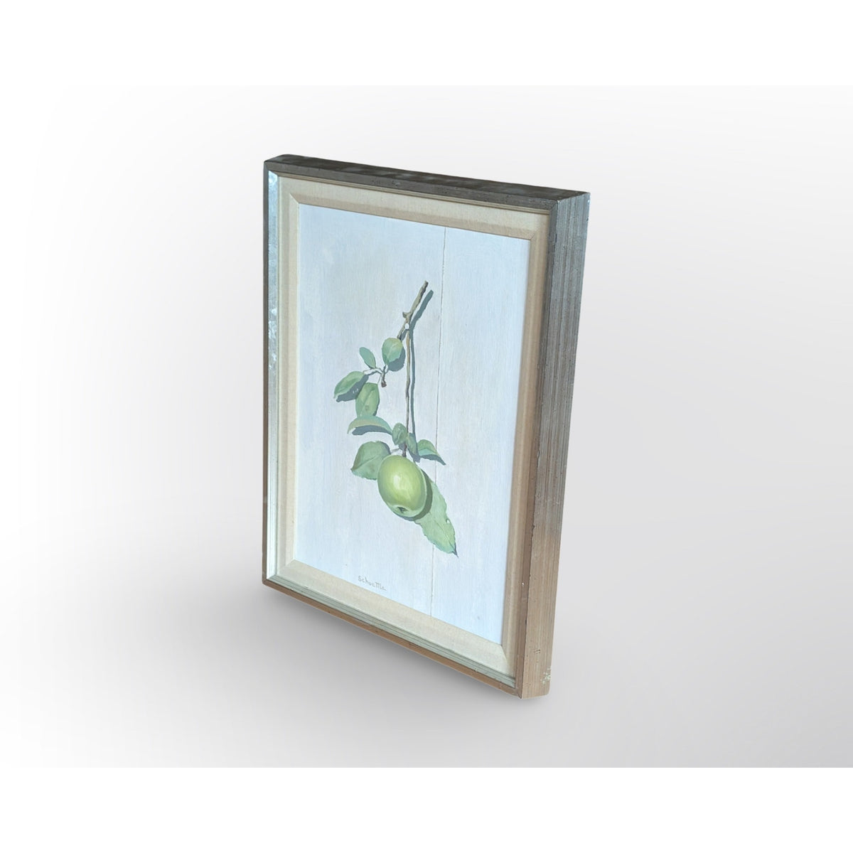 Signed Marc C Schoettle still life apples oil painting in vintage mid century modern framed artwork