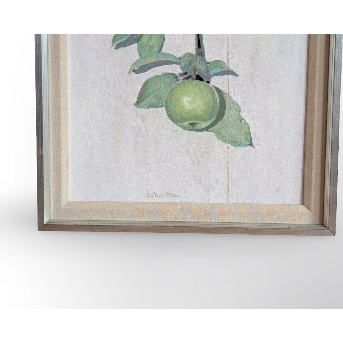 Signed Marc C Schoettle still life apples oil painting in vintage mid century modern framed artwork