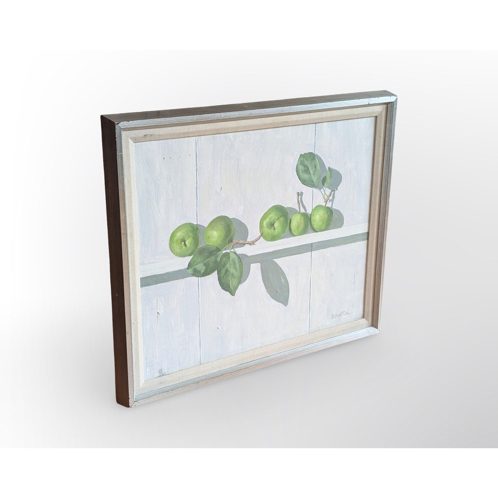 Signed Marc C Schoettle still life apples oil painting in vintage mid century modern framed artwork