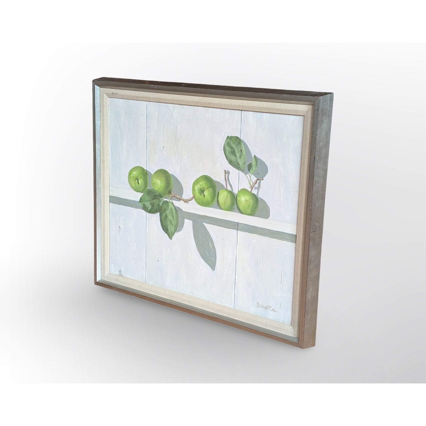 Signed Marc C Schoettle still life apples oil painting in vintage mid century modern framed artwork