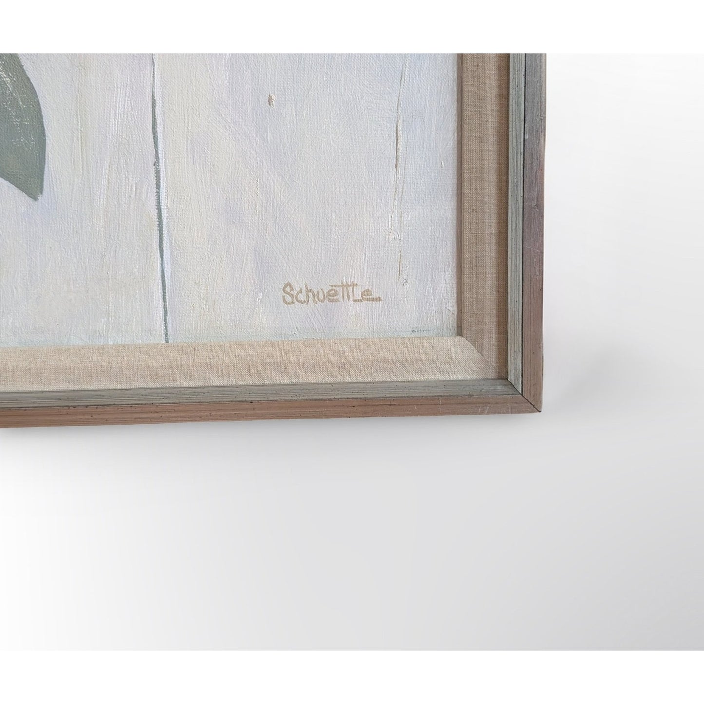 Signed Marc C Schoettle still life apples oil painting in vintage mid century modern framed artwork