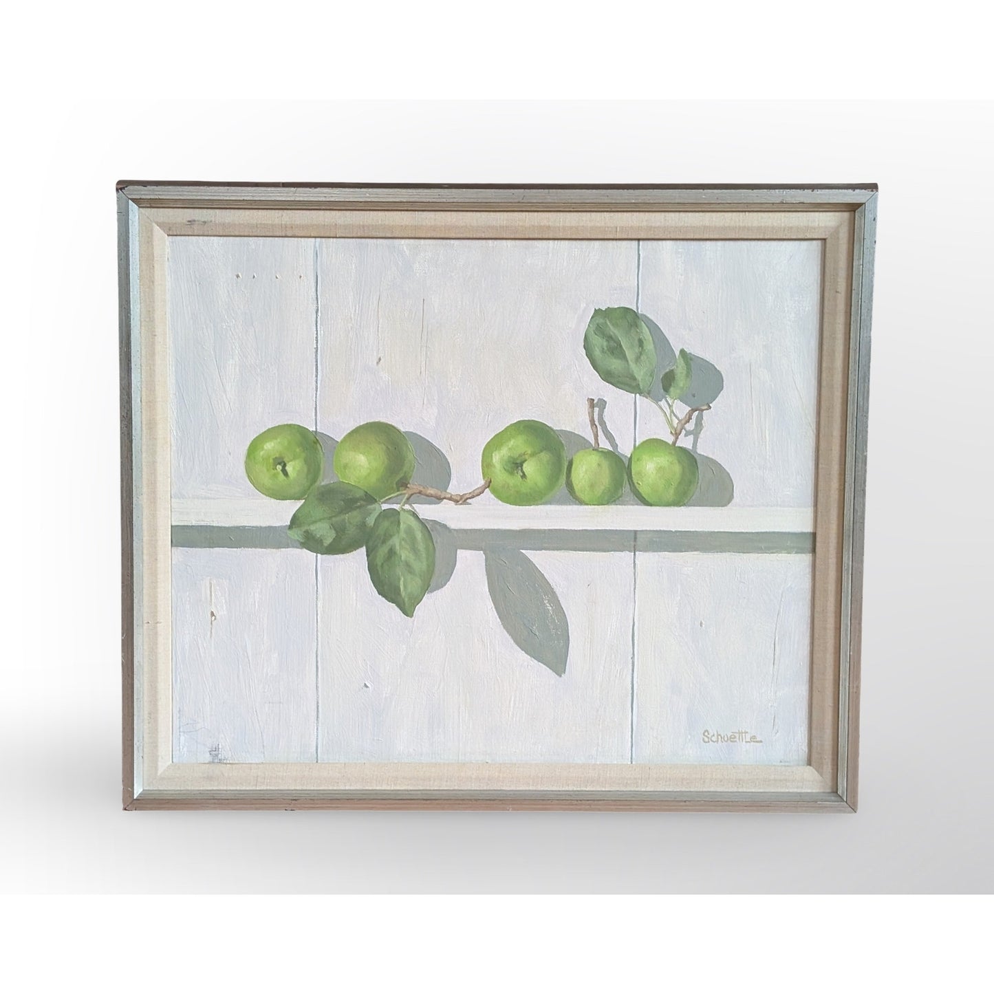 Signed Marc C Schoettle still life apples oil painting in vintage mid century modern framed artwork
