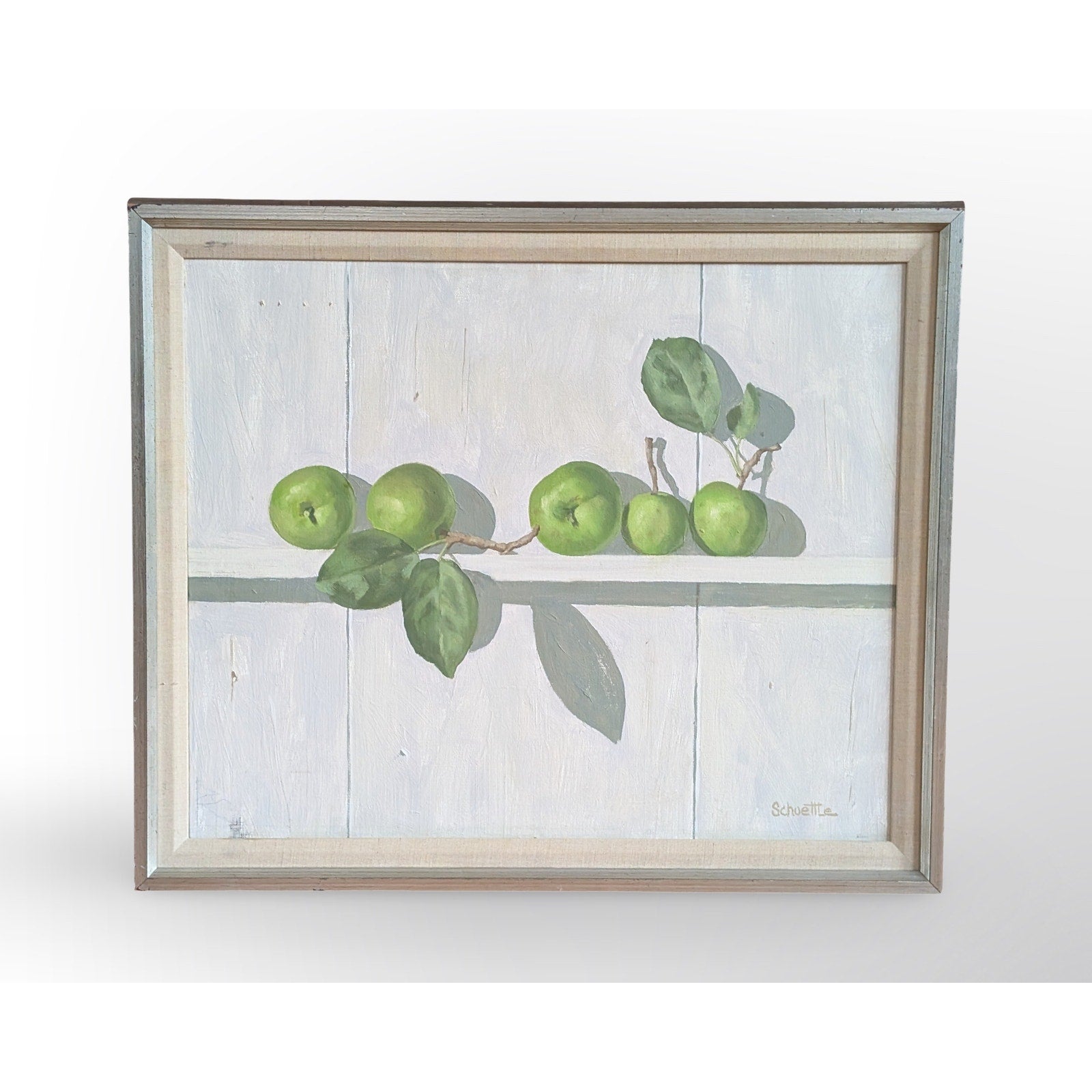 Signed Marc C Schoettle still life apples oil painting in vintage mid century modern framed artwork