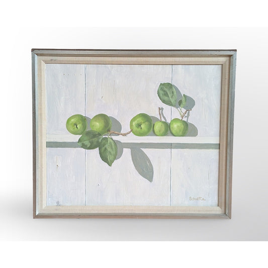 Signed Marc C Schoettle still life apples oil painting in vintage mid century modern framed artwork