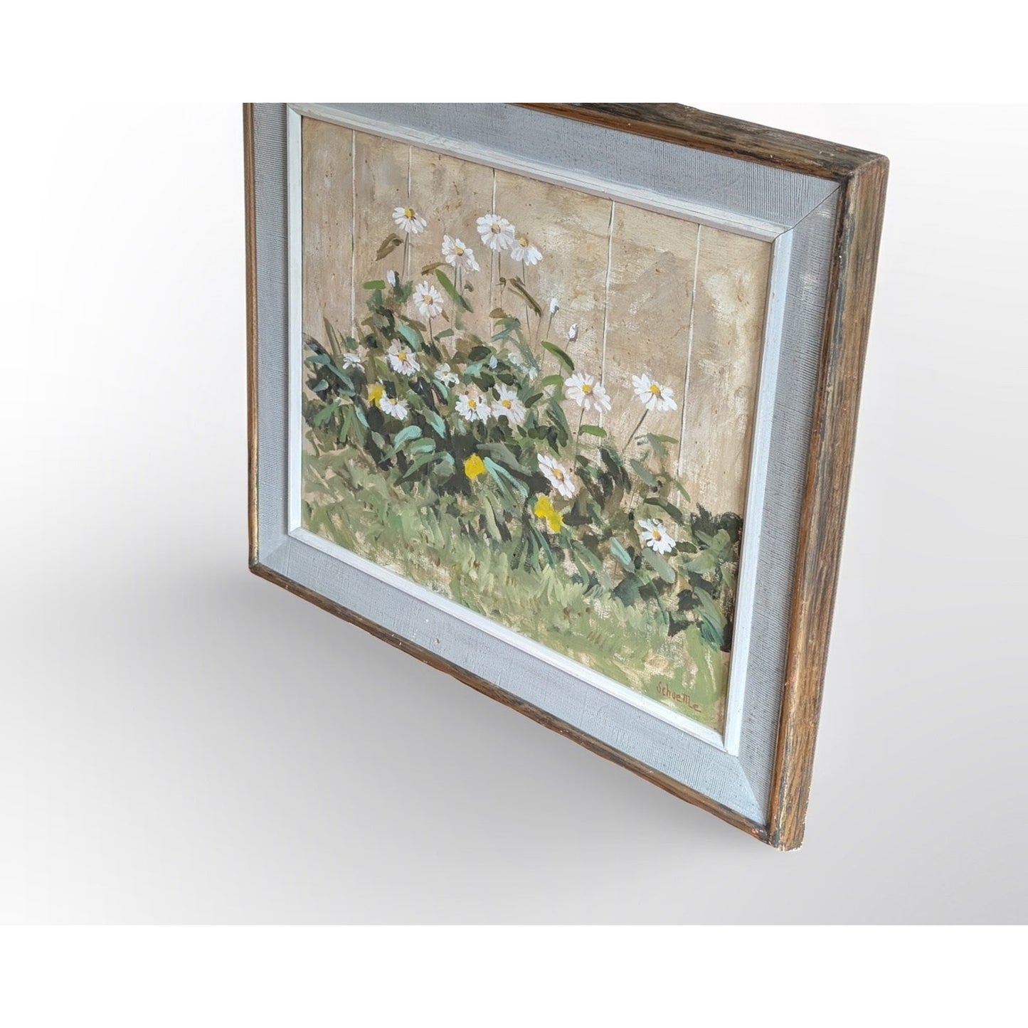 Signed Marc C Schoettle still life oil painting in vintage mid century modern framed wall art