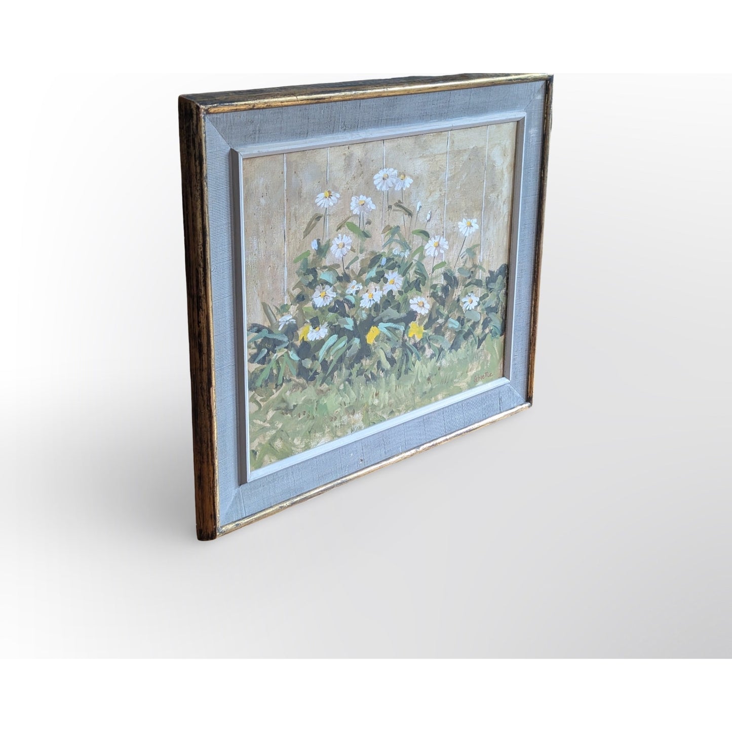 Signed Marc C Schoettle still life oil painting in vintage mid century modern framed wall art