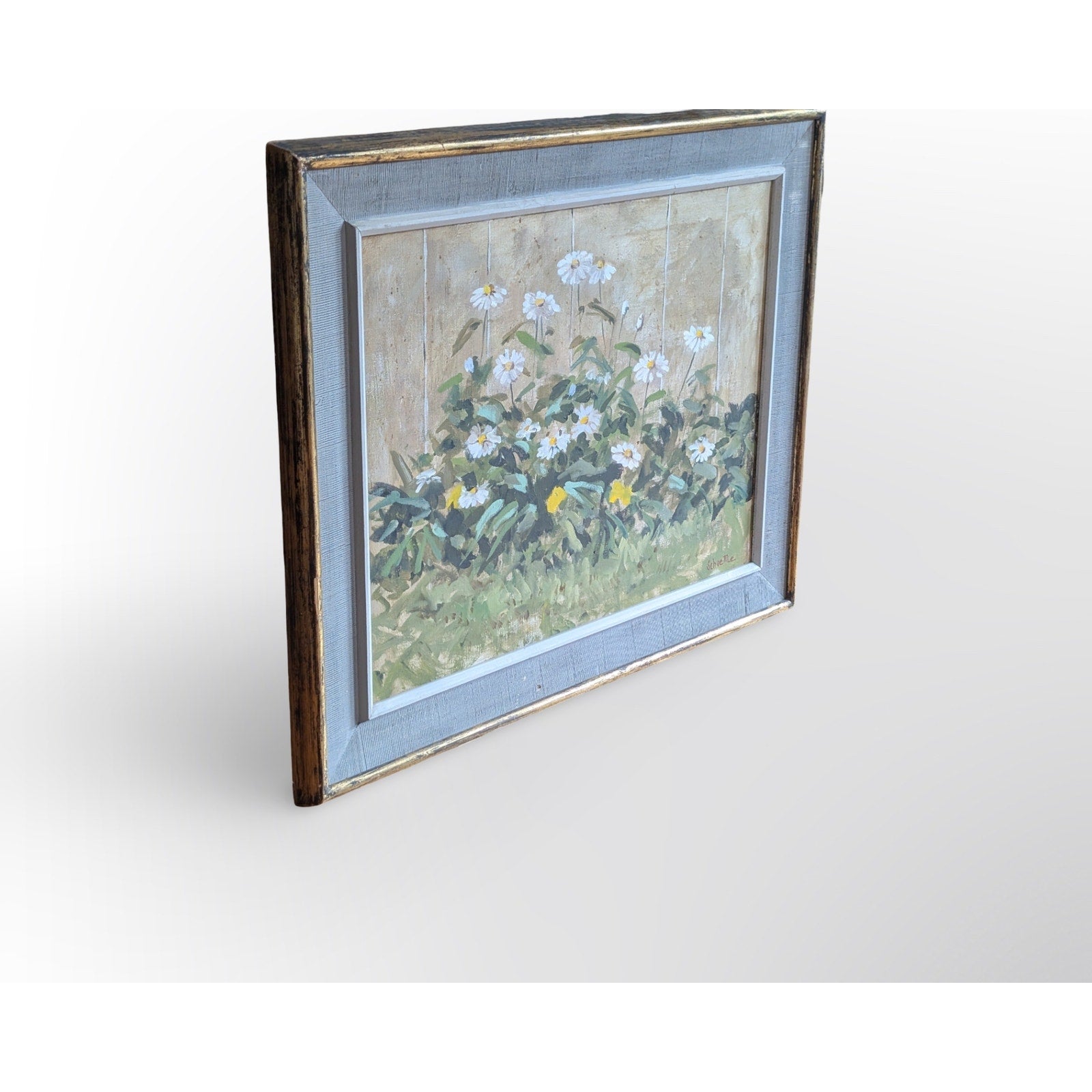 Signed Marc C Schoettle still life oil painting in vintage mid century modern framed wall art