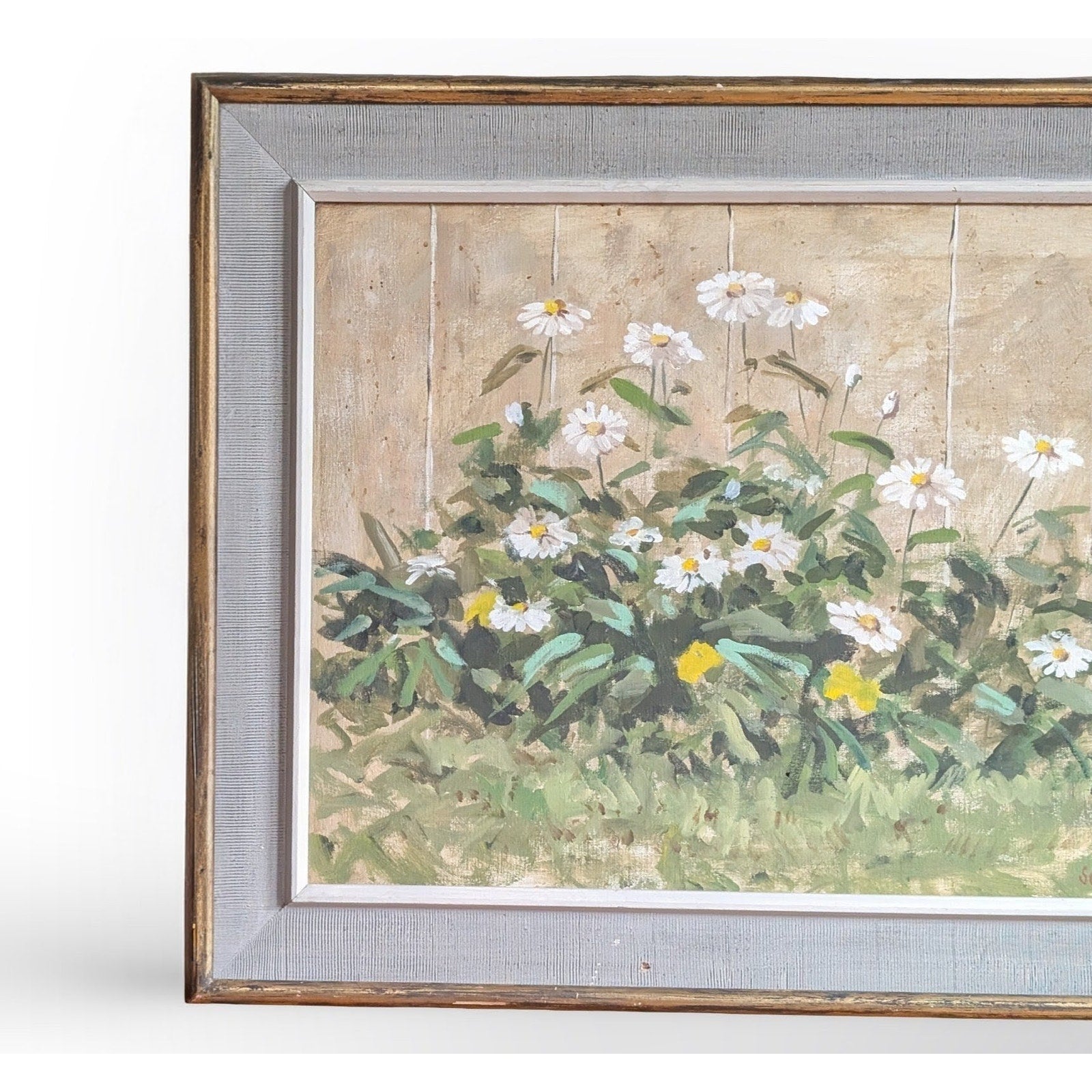 Signed Marc C Schoettle still life oil painting in vintage mid century modern framed wall art
