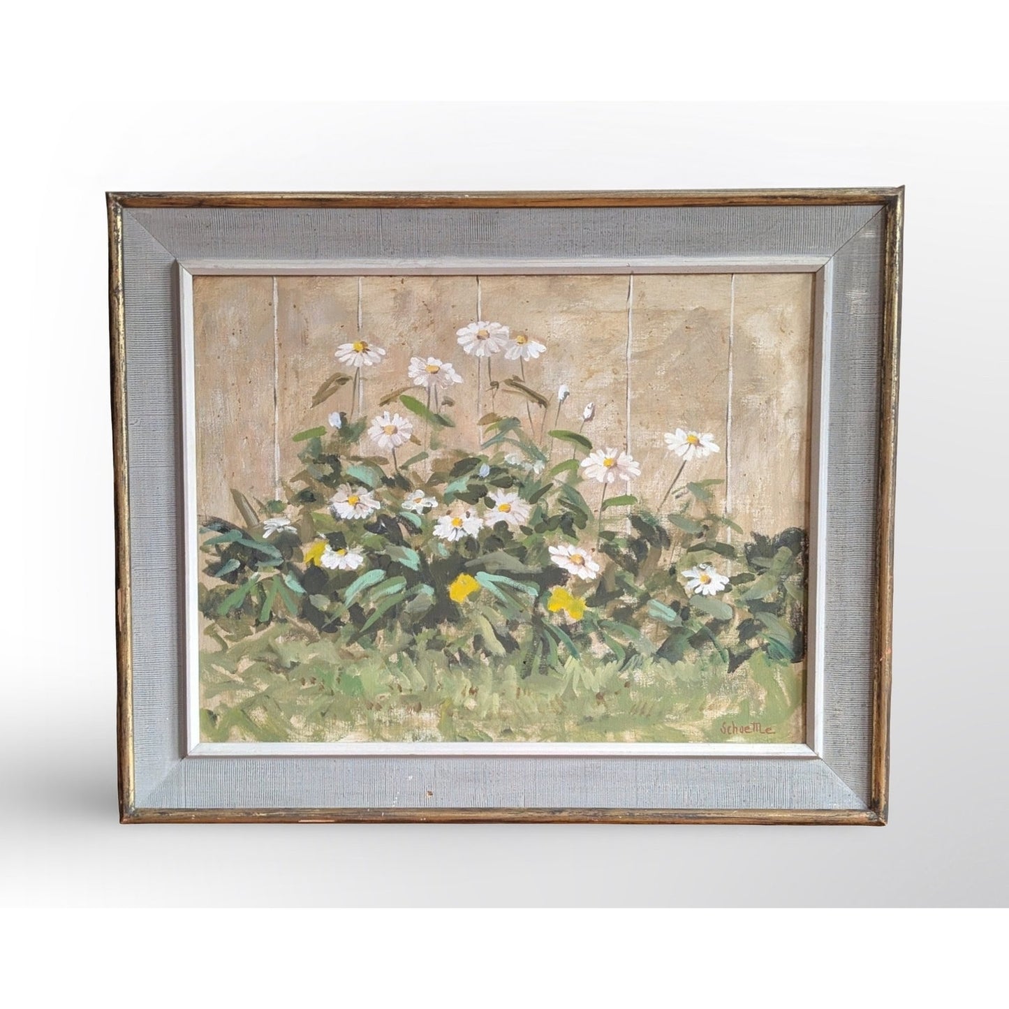Signed Marc C Schoettle still life oil painting in vintage mid century modern framed wall art