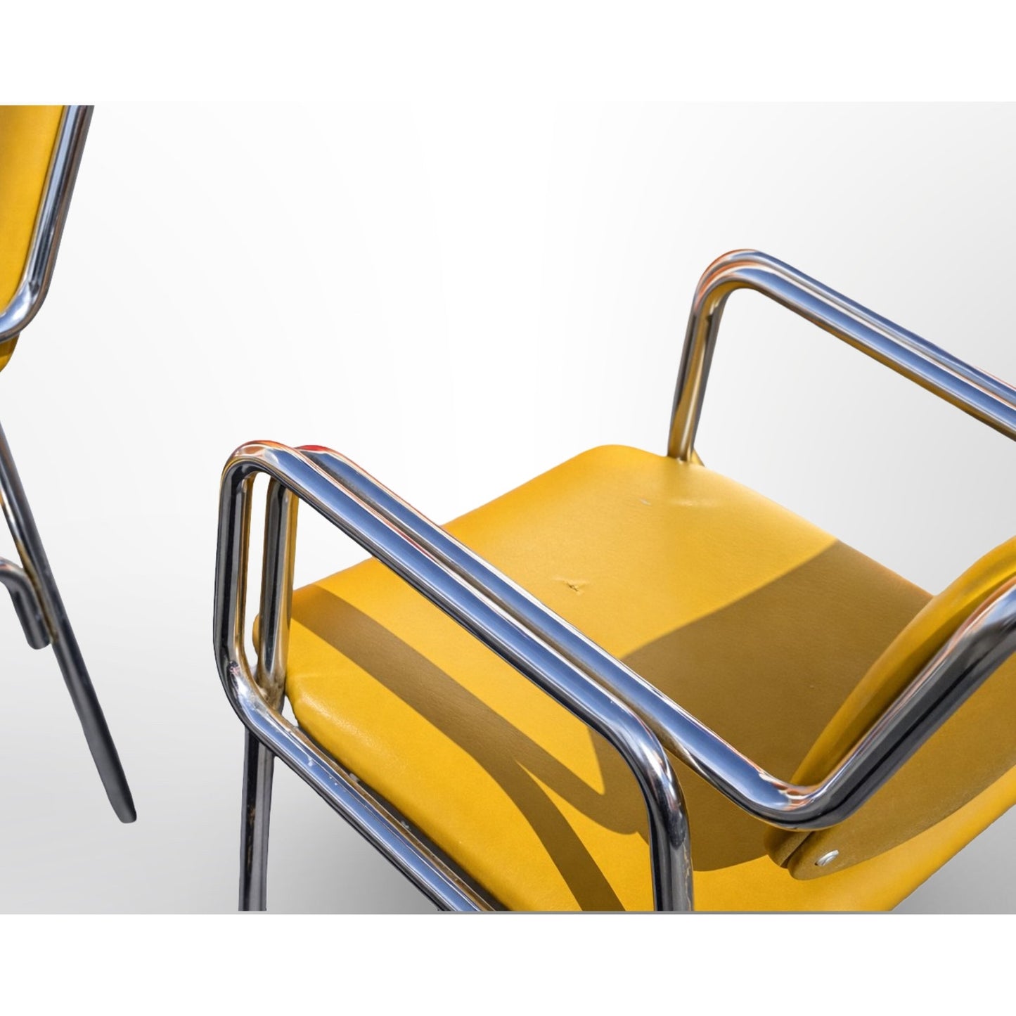 Mid century modern chrome dining chairs set of six showing sculptural metal frames and upholstered seats