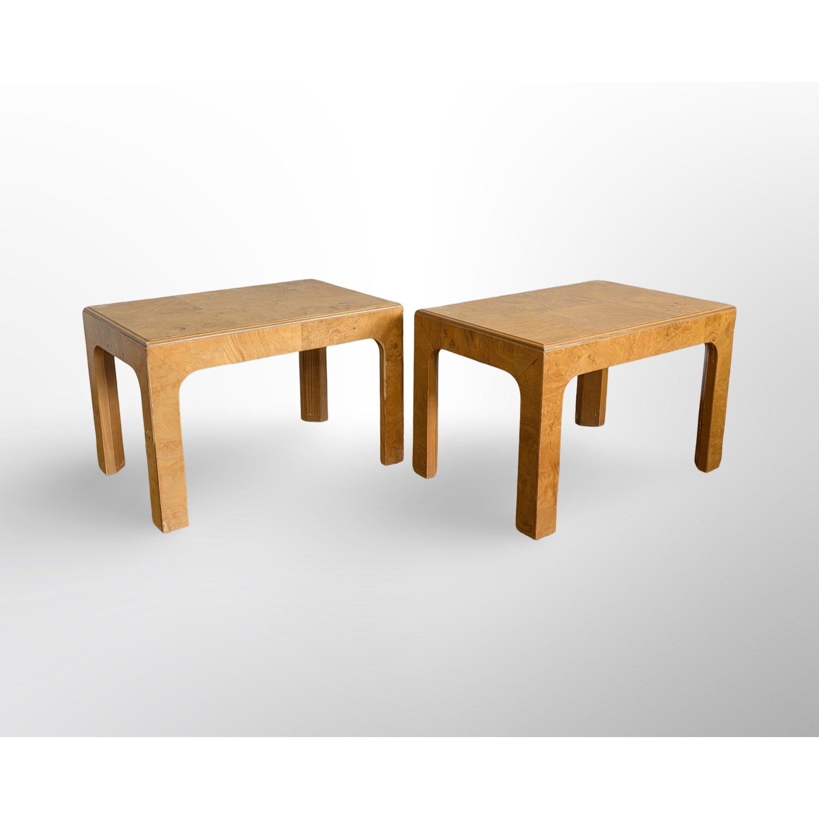 Mid century modern Henredon Scene II olive burl end tables pair showing bookmatched burl veneer