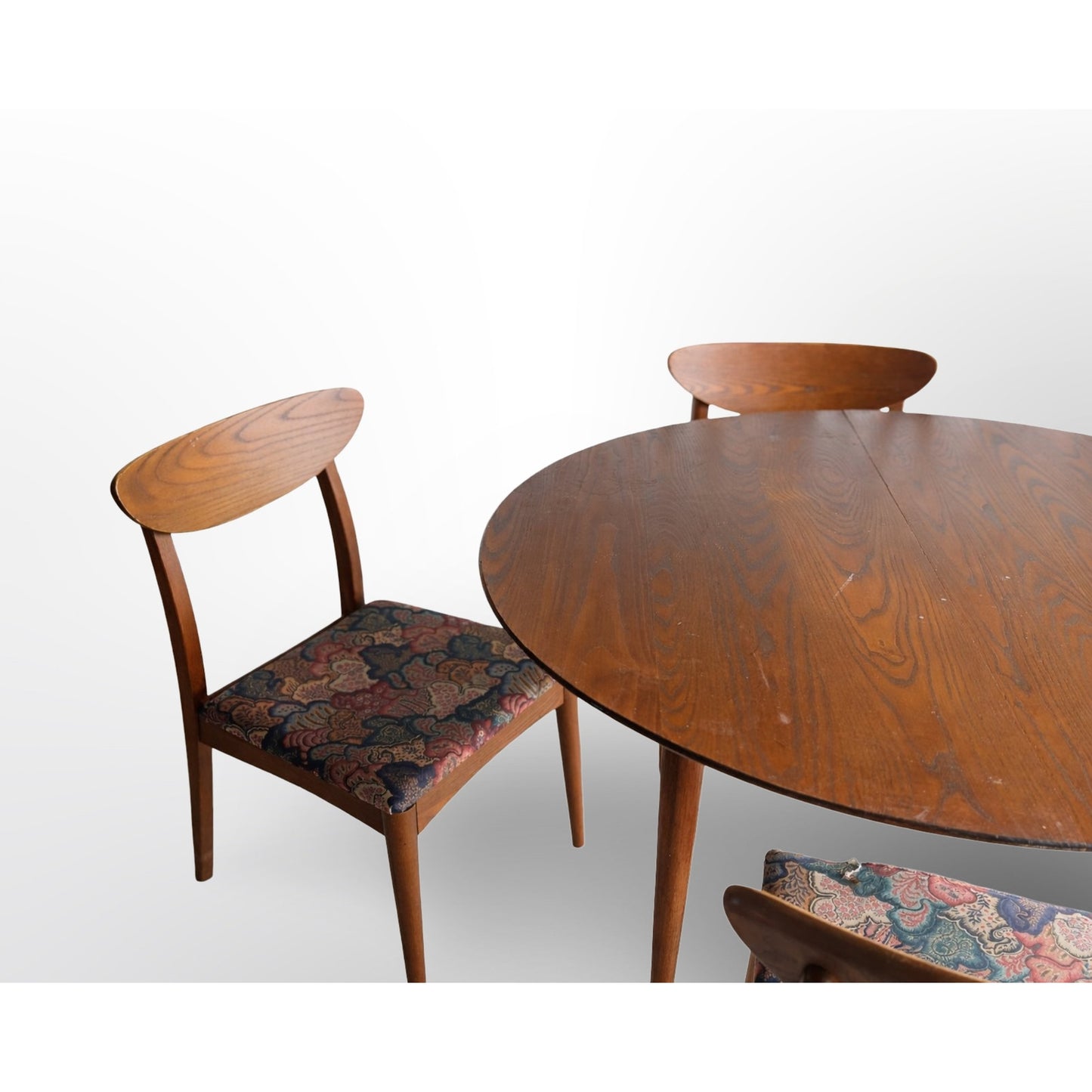 Mid century modern Heywood Wakefield dining table set for four in warm oak finish