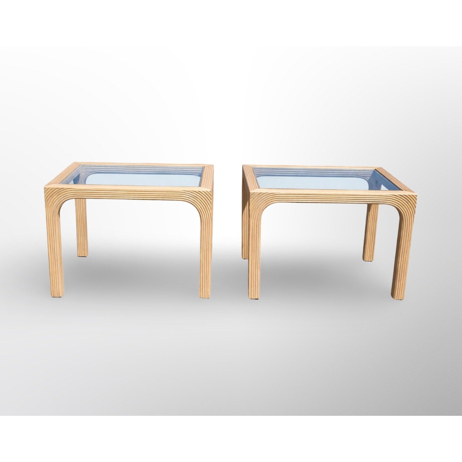 Mid century modern split reed rattan side tables pair with inset glass tops