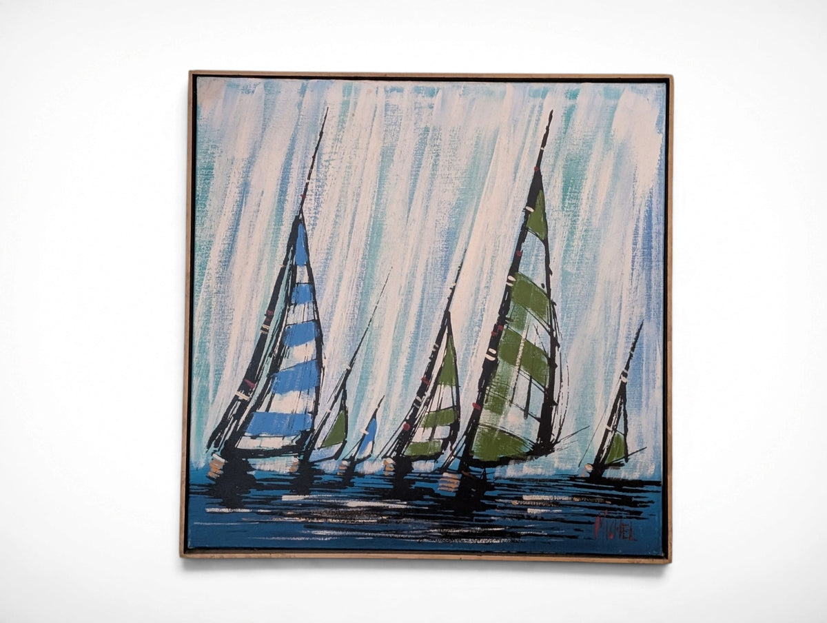 Vintage mid century modern sailboat painting signed S. Wel, vibrant blue and green sails, wood frame, 31x31 inches