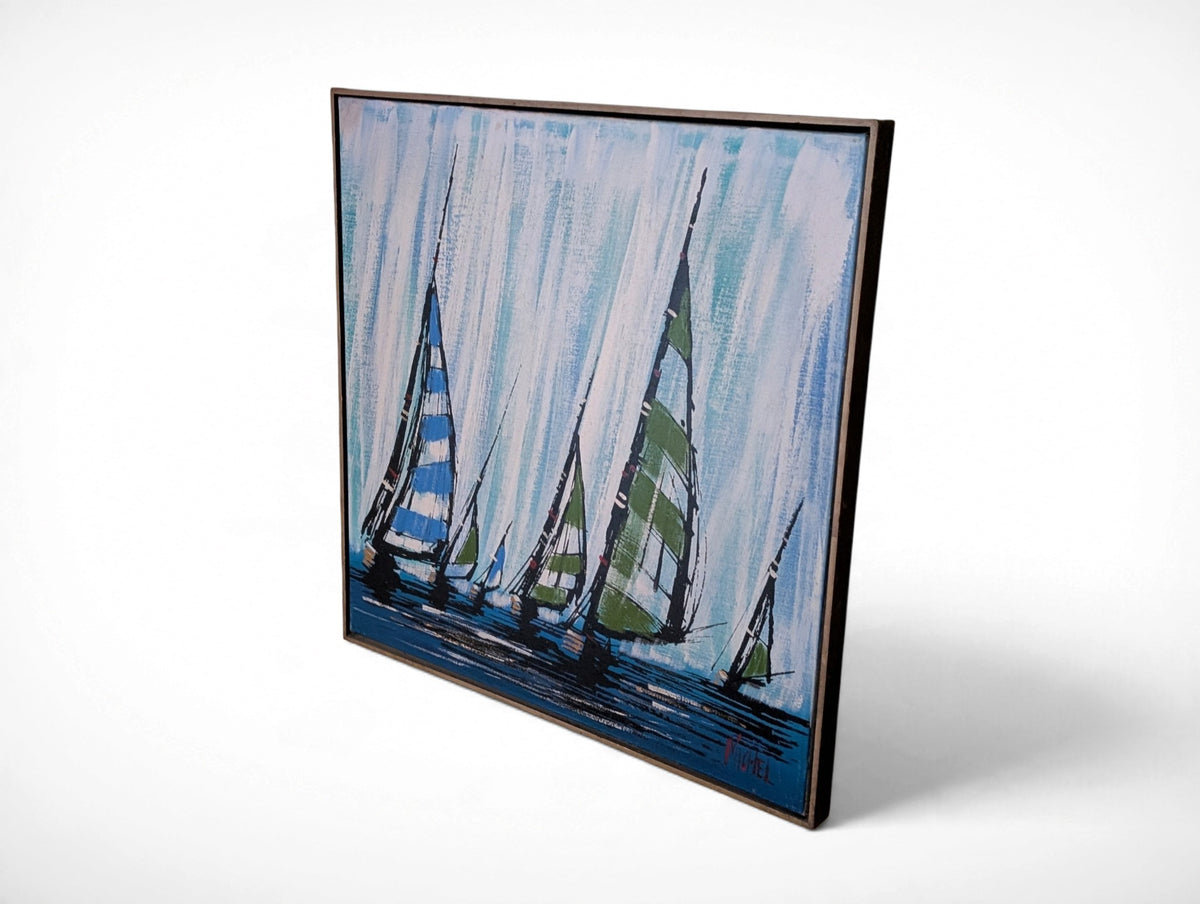 Vintage mid century modern sailboat painting signed S. Wel, vibrant blue and green sails, wood frame, 31x31 inches