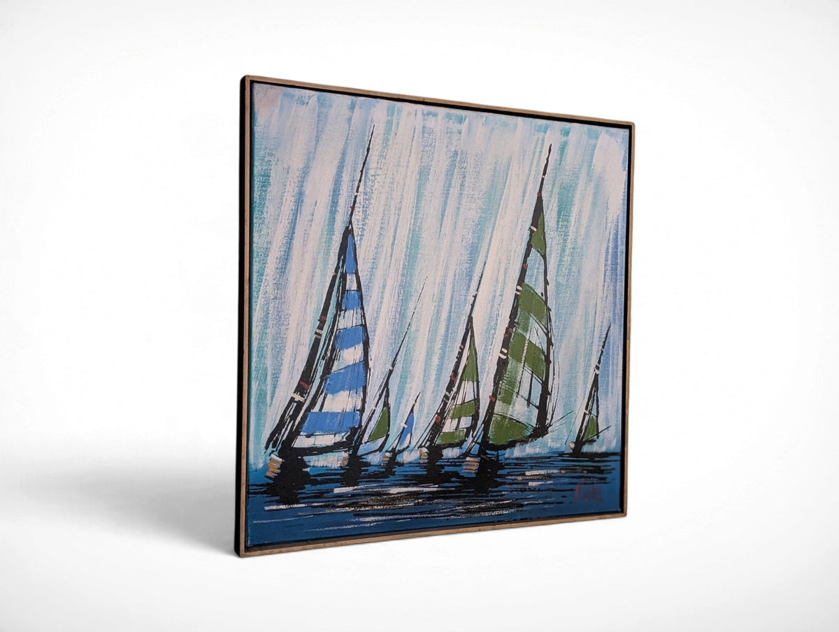 Vintage mid century modern sailboat painting signed S. Wel, vibrant blue and green sails, wood frame, 31x31 inches