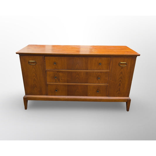 Mid century modern walnut credenza with three drawers and two doors minimalist vintage sideboard