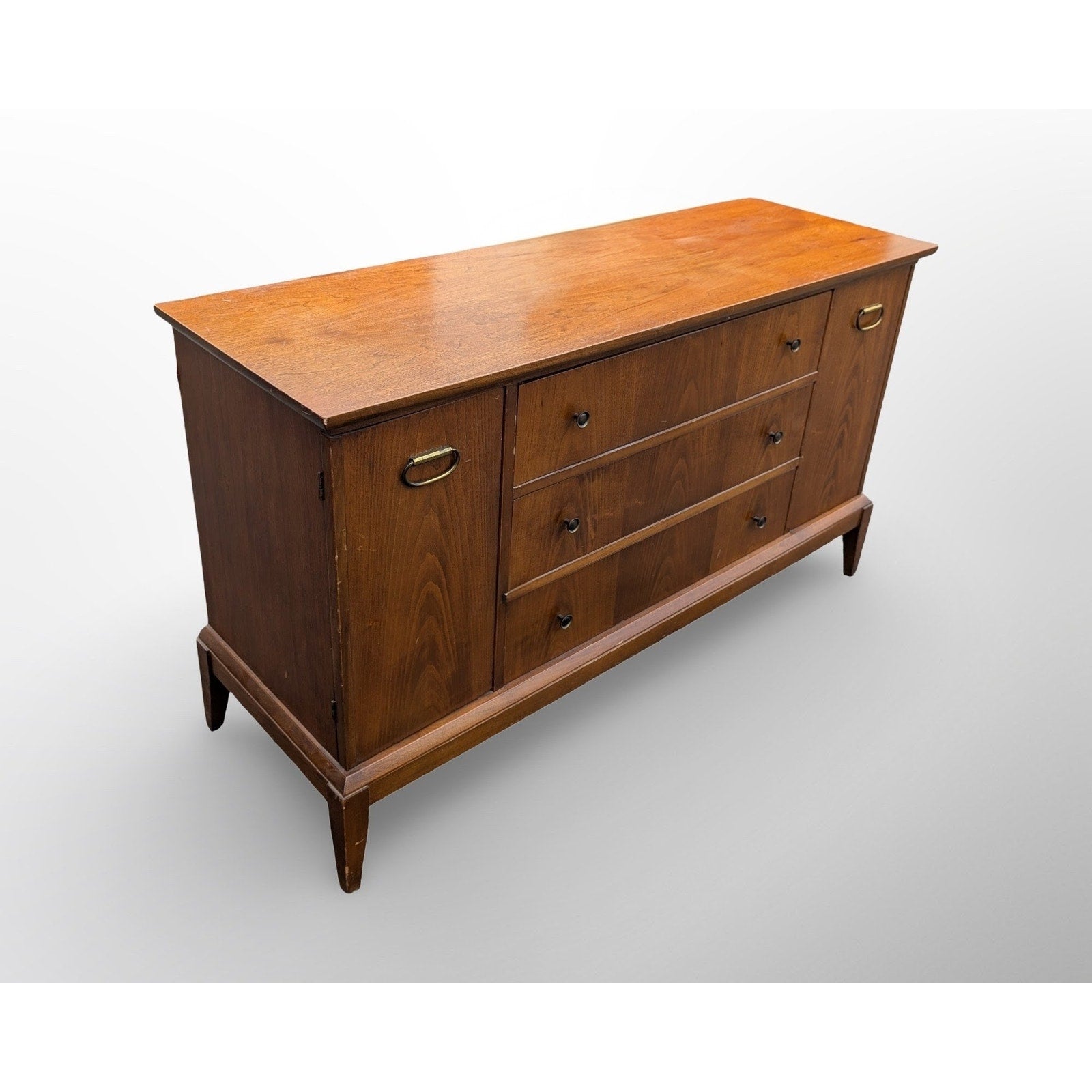Mid century modern walnut credenza with three drawers and two doors minimalist vintage sideboard