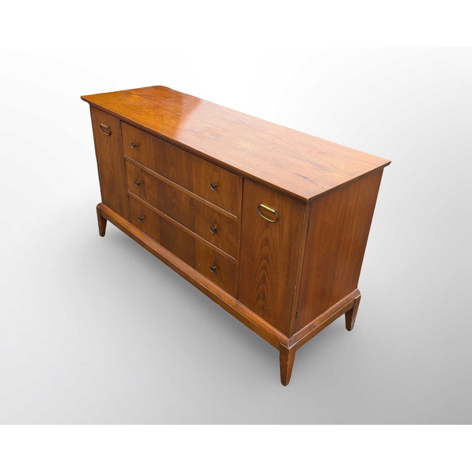 Mid century modern walnut credenza with three drawers and two doors minimalist vintage sideboard