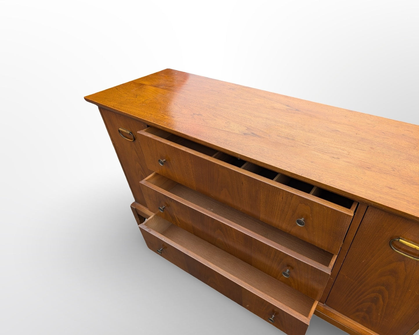 Mid century modern walnut credenza with three drawers and two doors minimalist vintage sideboard
