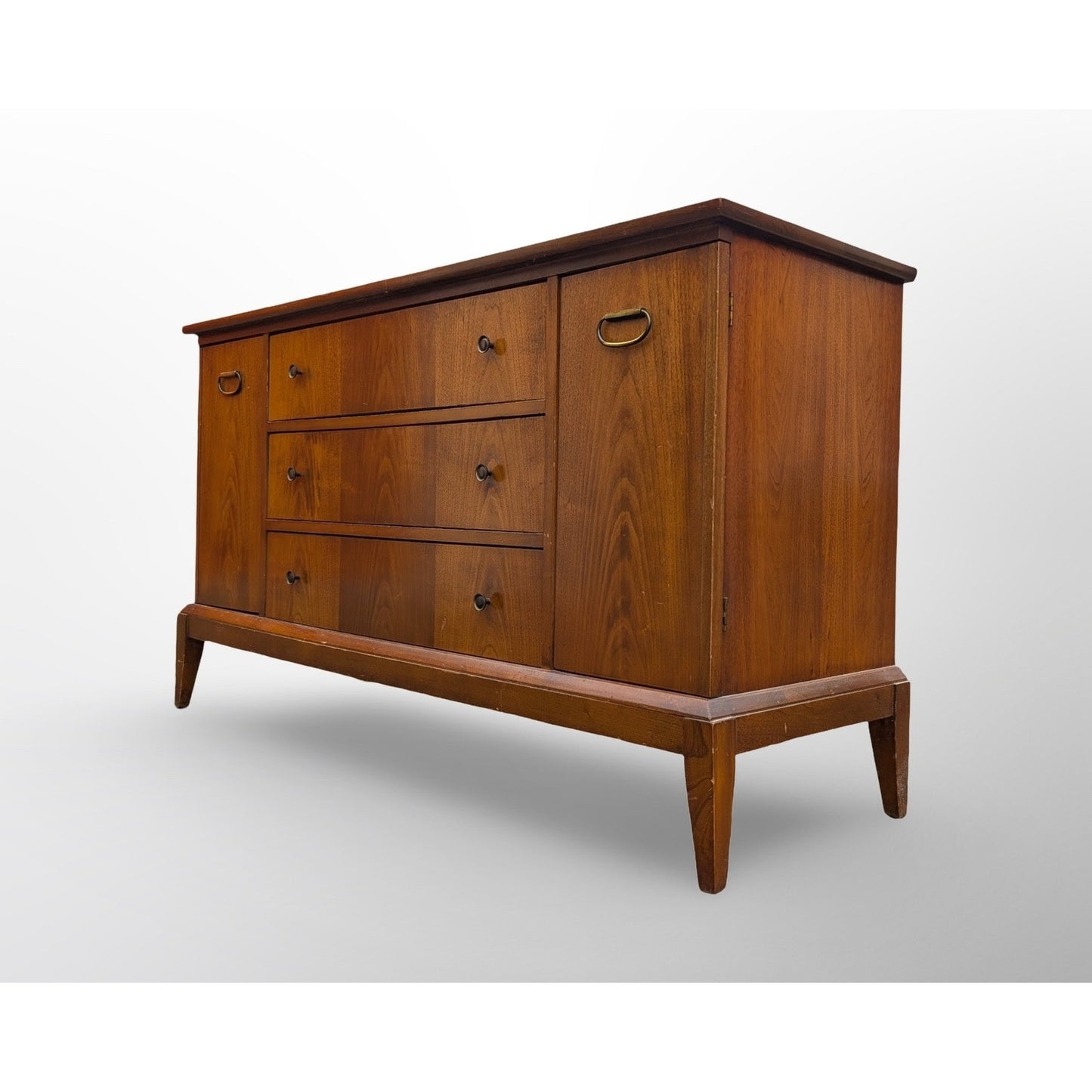 Mid century modern walnut credenza with three drawers and two doors minimalist vintage sideboard