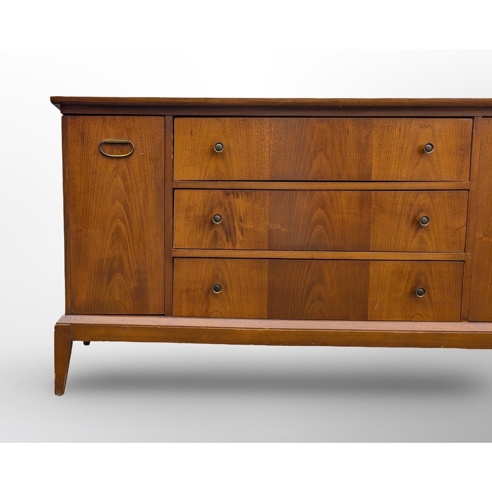 Mid century modern walnut credenza with three drawers and two doors minimalist vintage sideboard