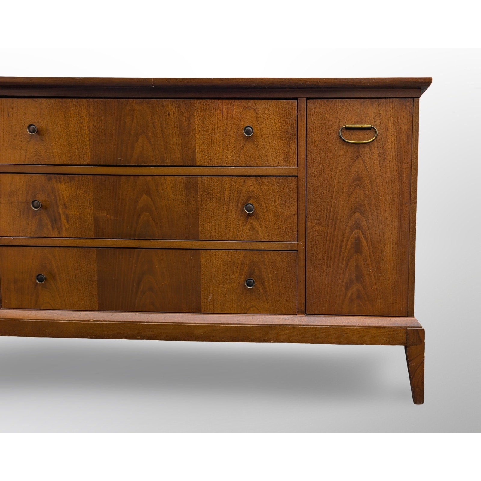Mid century modern walnut credenza with three drawers and two doors minimalist vintage sideboard