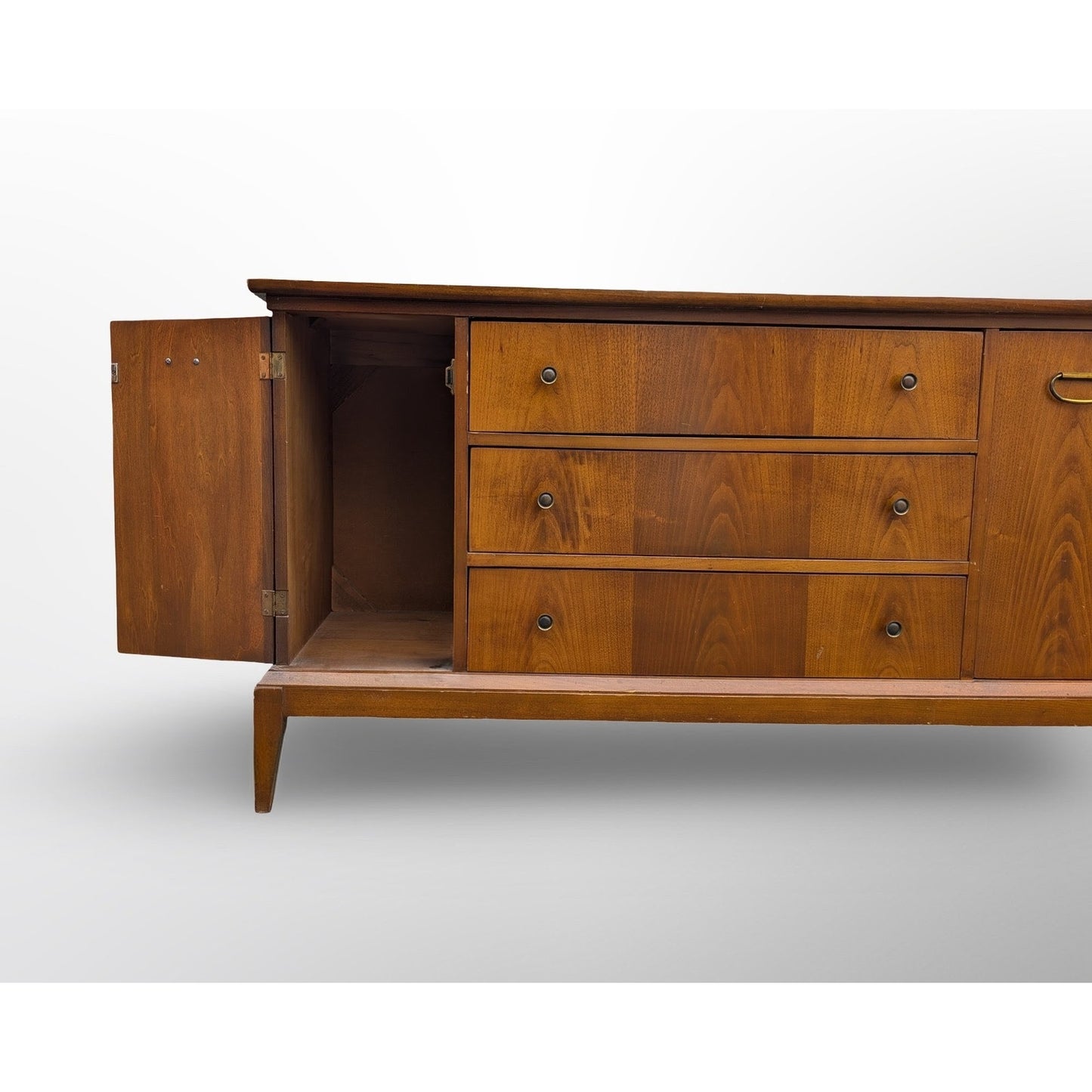 Mid century modern walnut credenza with three drawers and two doors minimalist vintage sideboard