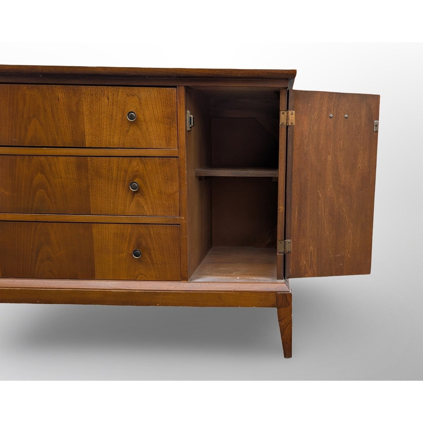 Mid century modern walnut credenza with three drawers and two doors minimalist vintage sideboard