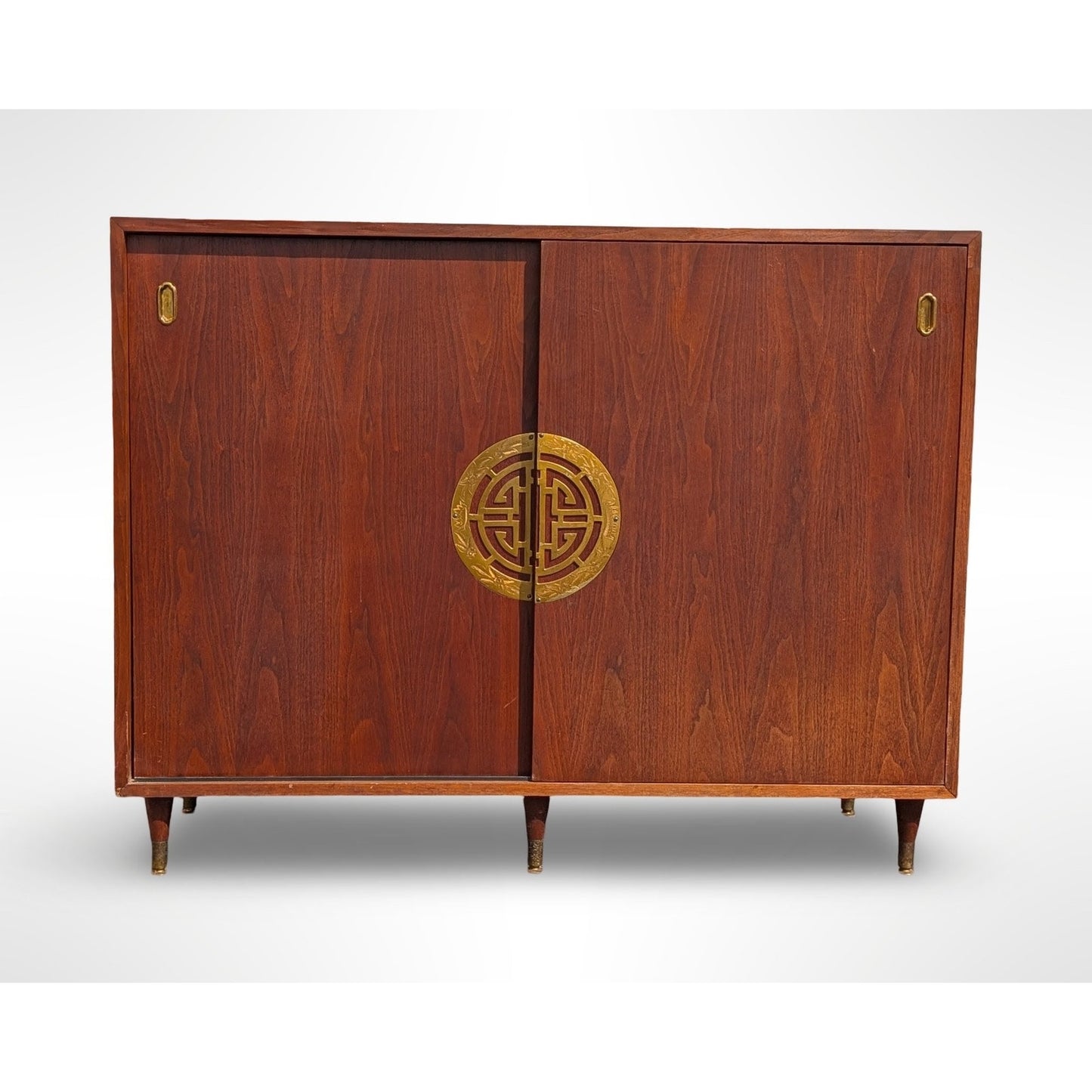 Fully restored mid century modern walnut record cabinet with Asian modern styling and interior vinyl record storage