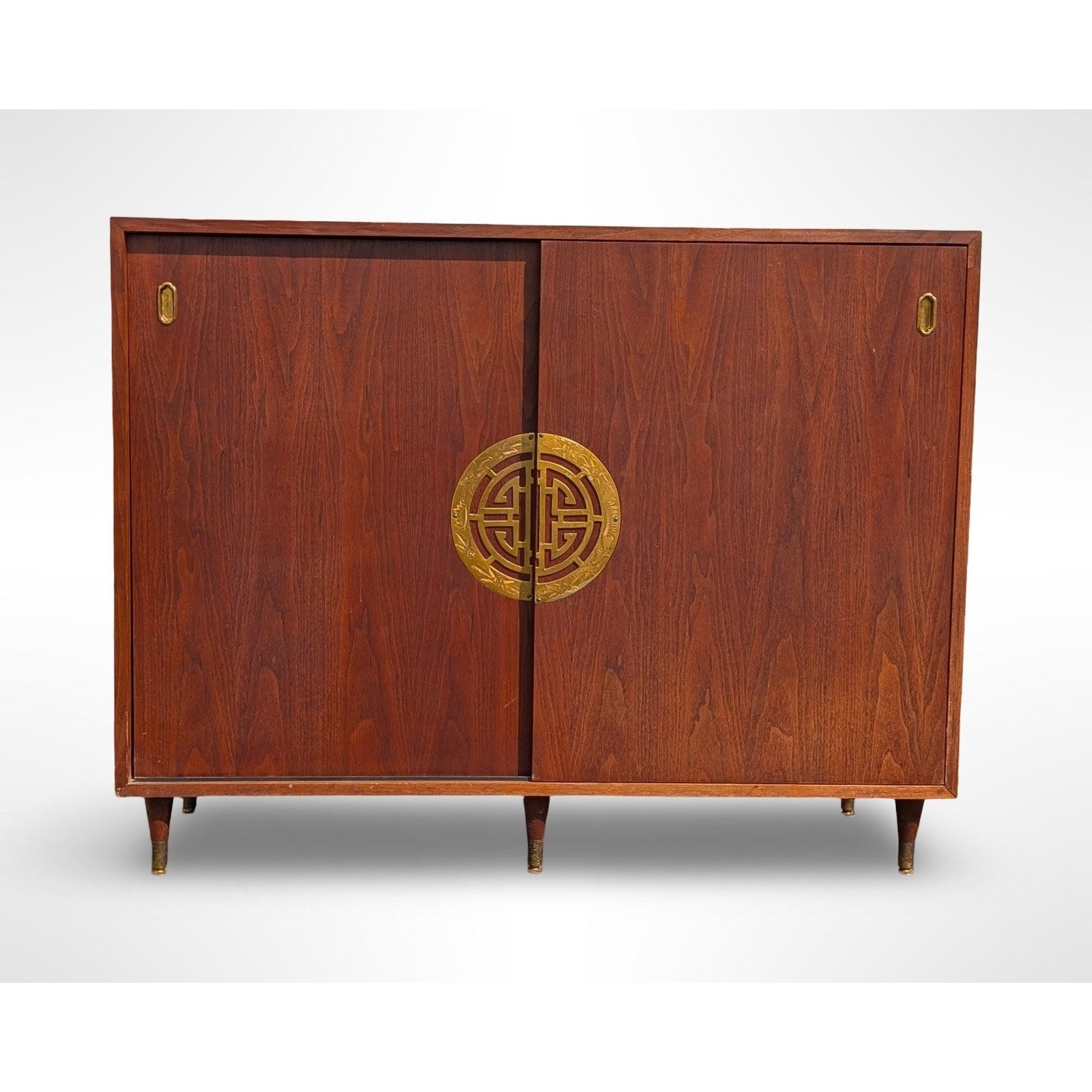 Fully restored mid century modern walnut record cabinet with Asian modern styling and interior vinyl record storage