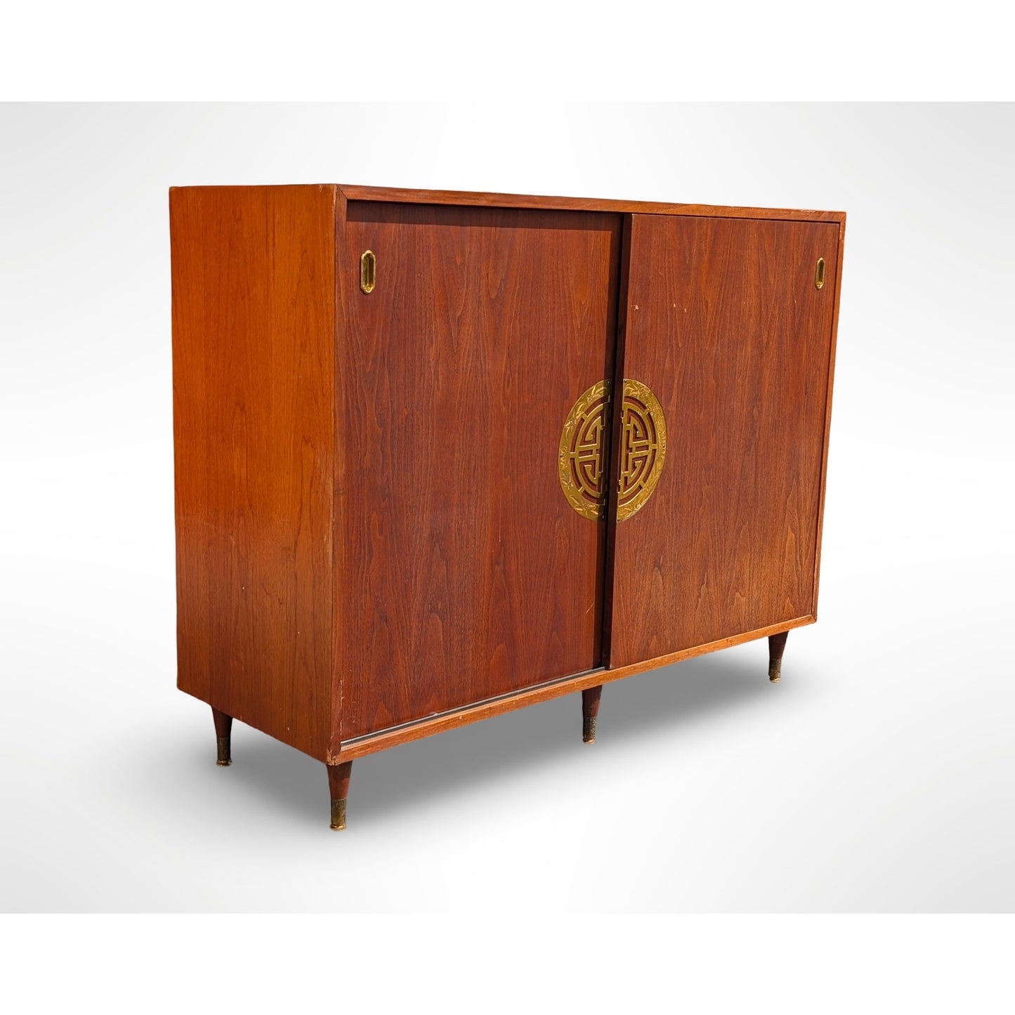 Fully restored mid century modern walnut record cabinet with Asian modern styling and interior vinyl record storage