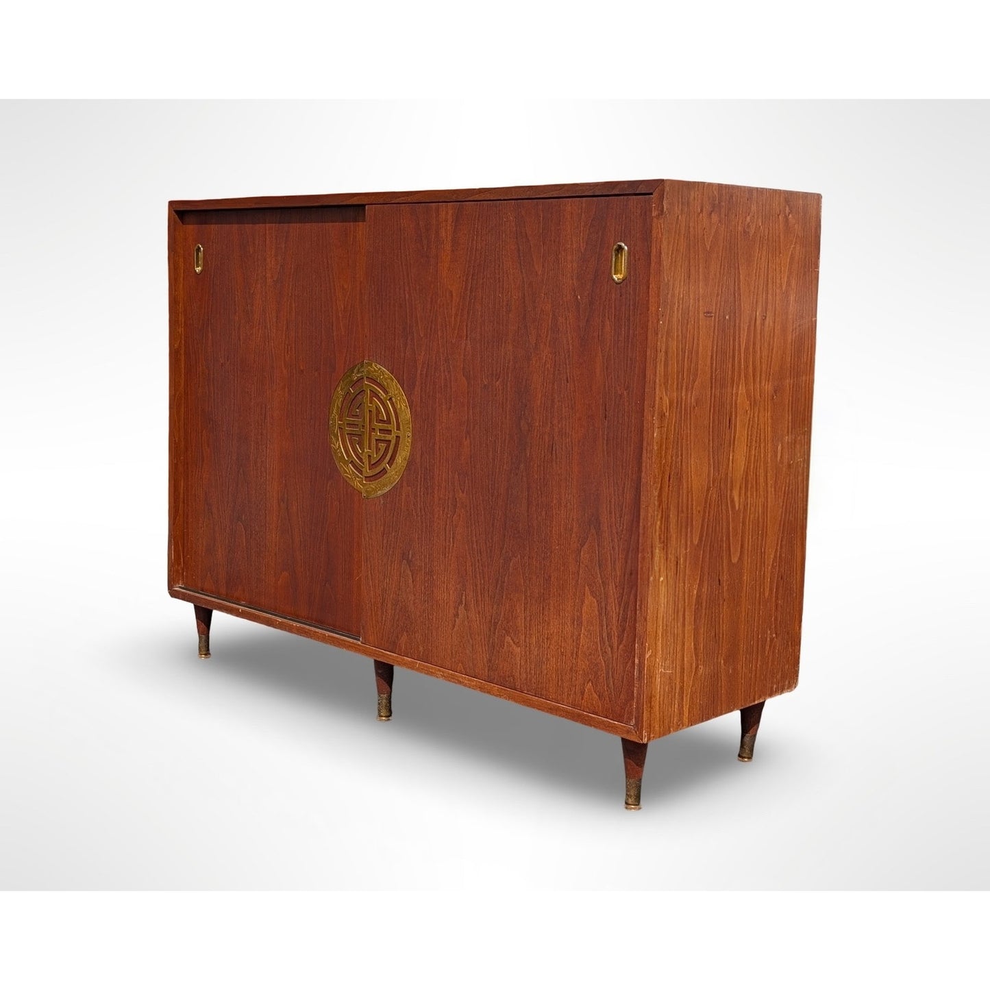 Fully restored mid century modern walnut record cabinet with Asian modern styling and interior vinyl record storage