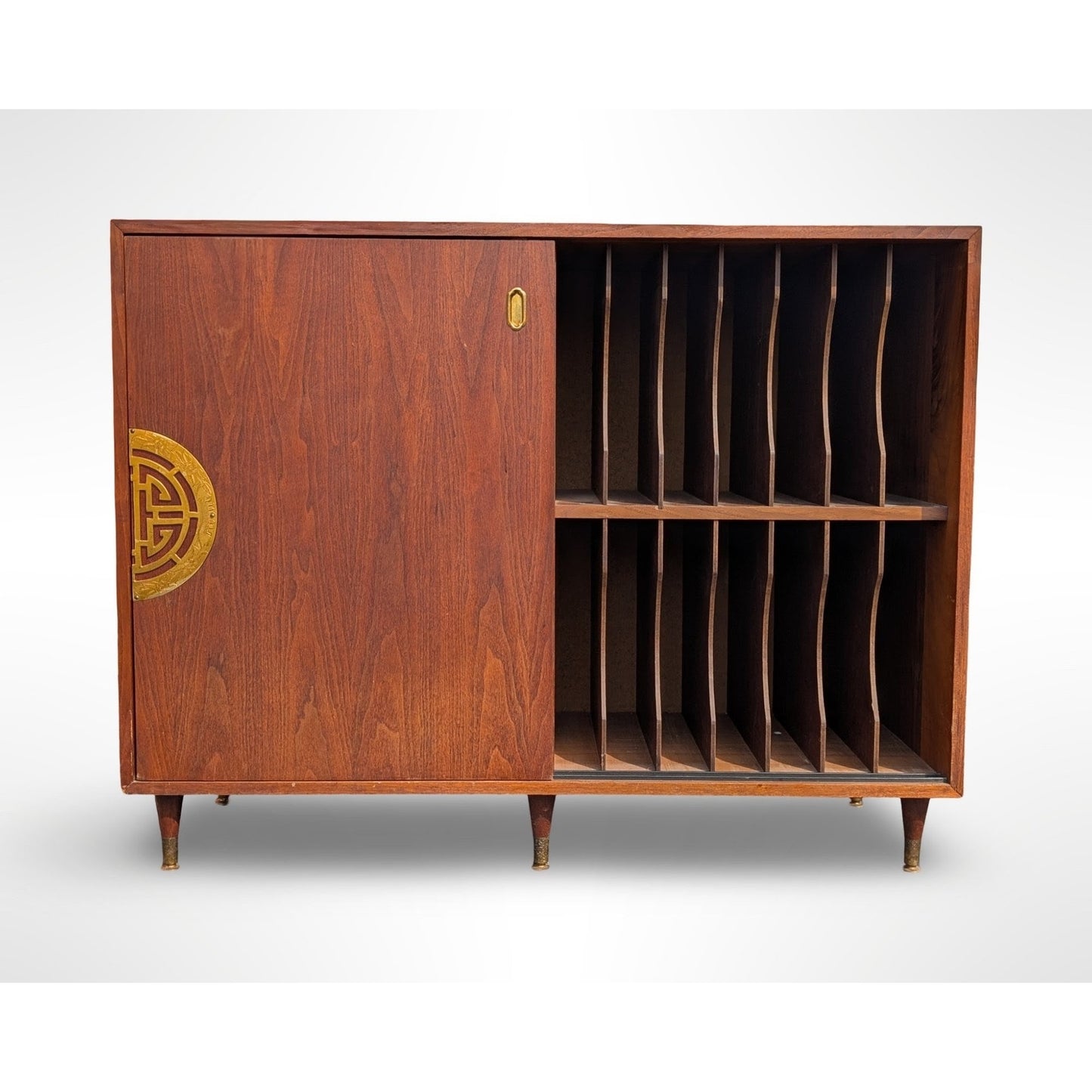 Fully restored mid century modern walnut record cabinet with Asian modern styling and interior vinyl record storage