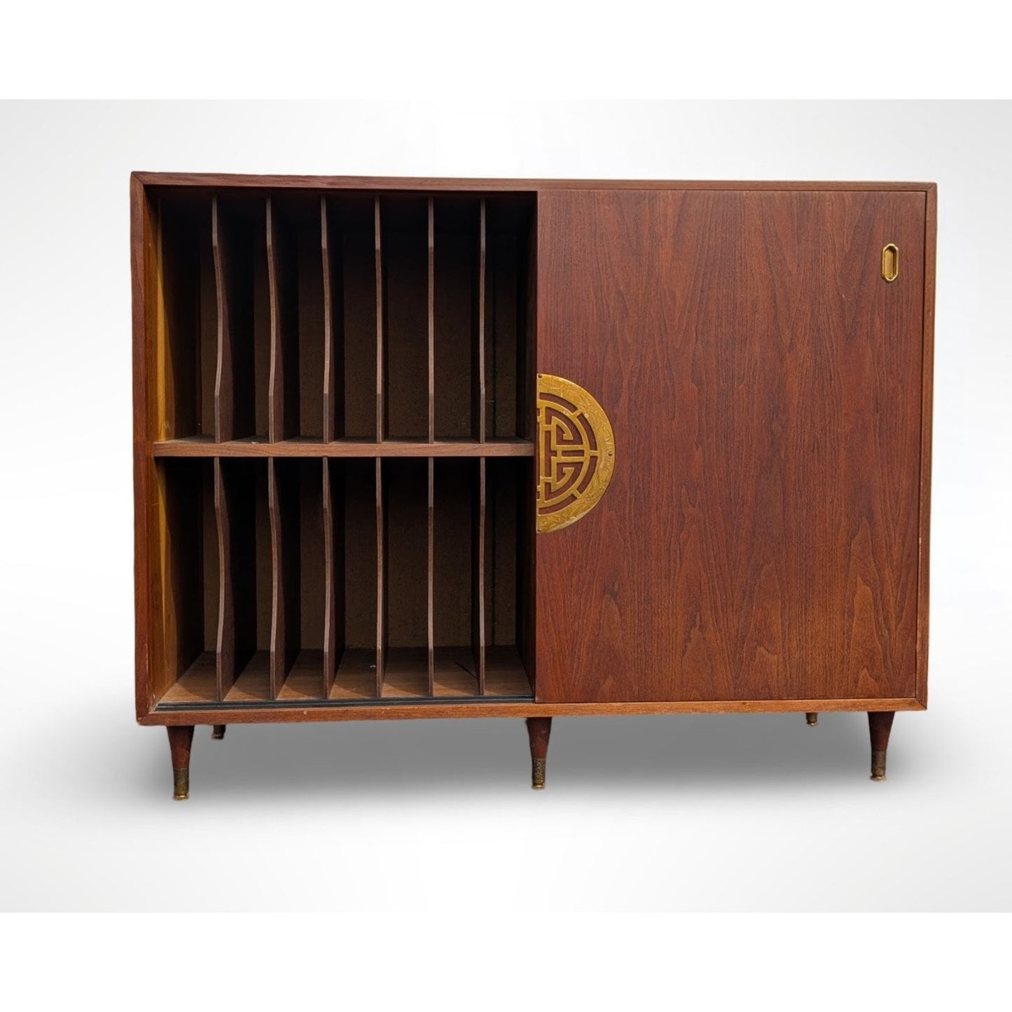 Fully restored mid century modern walnut record cabinet with Asian modern styling and interior vinyl record storage