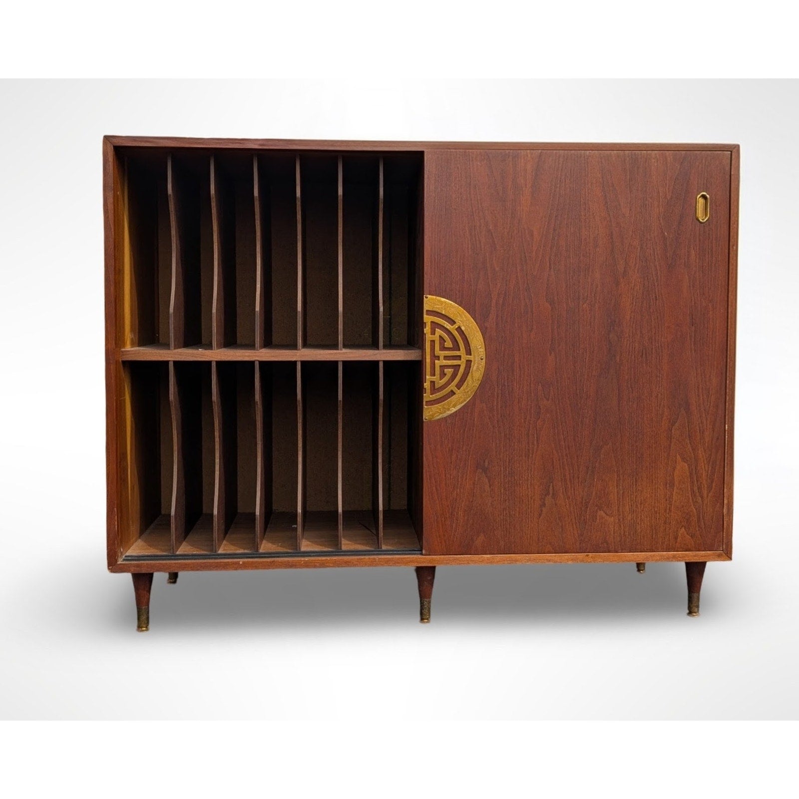 Fully restored mid century modern walnut record cabinet with Asian modern styling and interior vinyl record storage