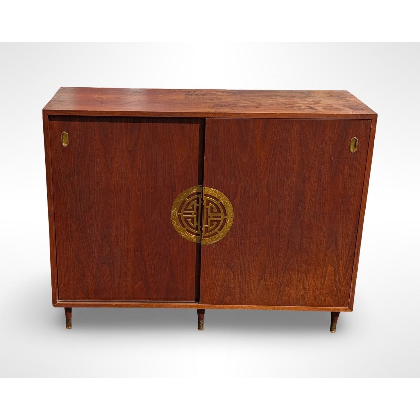 Fully restored mid century modern walnut record cabinet with Asian modern styling and interior vinyl record storage