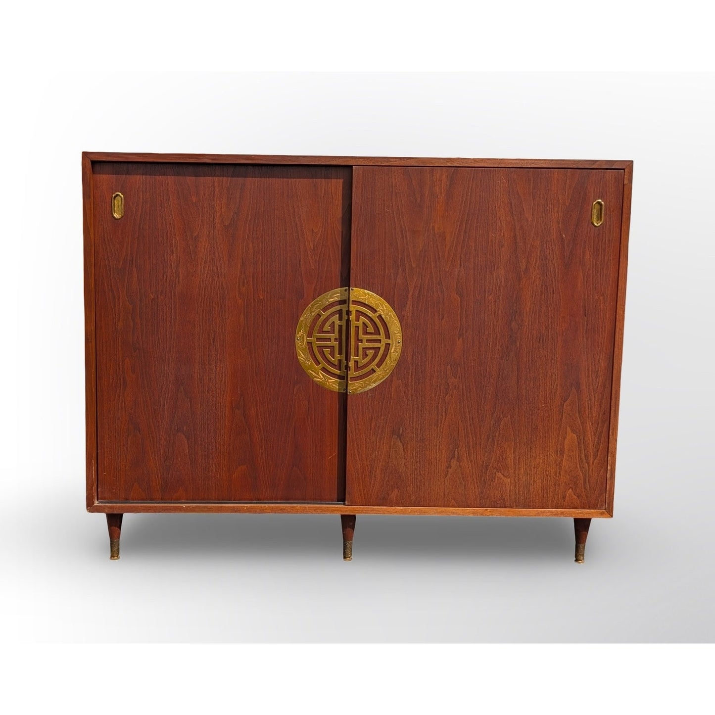 Mid century modern walnut record cabinet with Asian modern minimalist design for vinyl storage