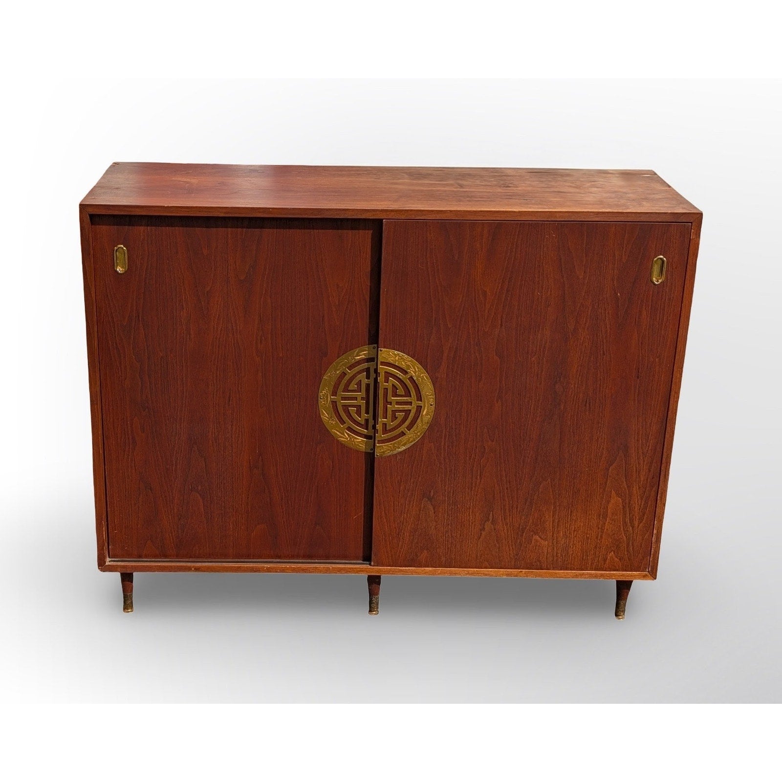 Mid century modern walnut record cabinet with Asian modern minimalist design for vinyl storage