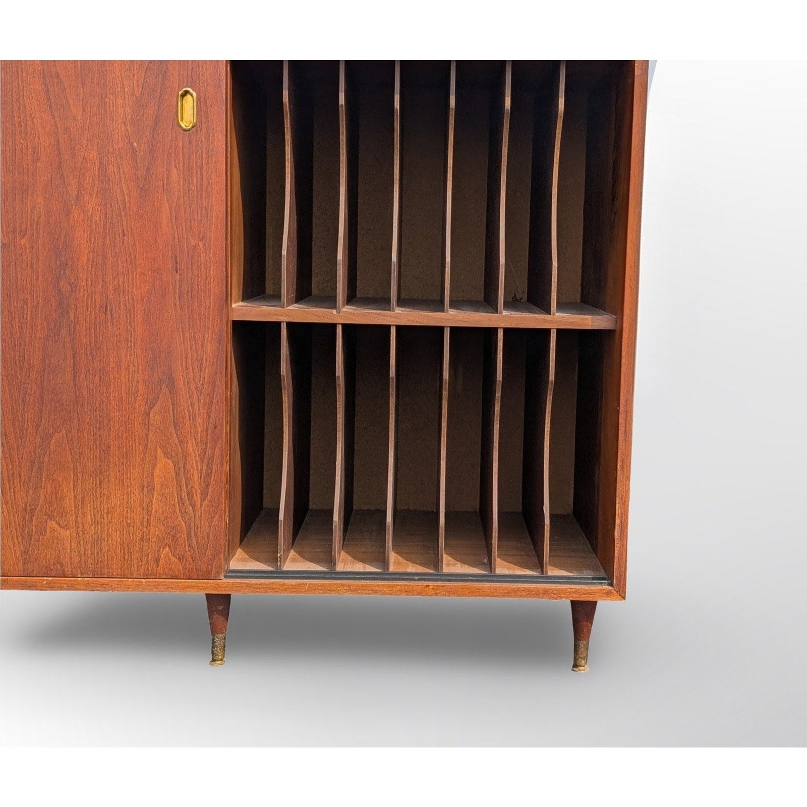 Mid century modern walnut record cabinet with Asian modern minimalist design for vinyl storage
