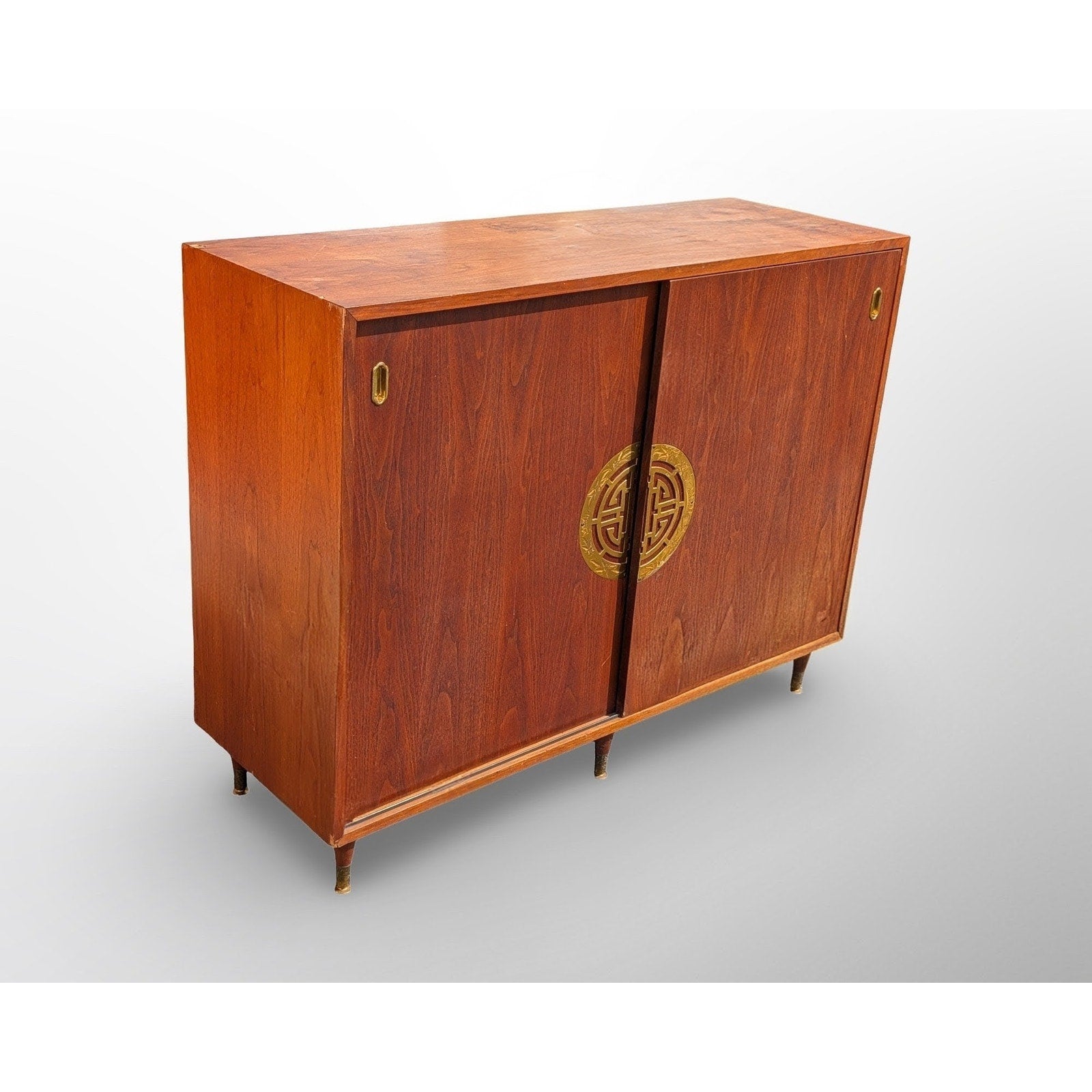 Mid century modern walnut record cabinet with Asian modern minimalist design for vinyl storage